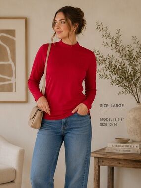 Women's L.L.Bean High Neck Long Sleeve Top - Size Large - Classic Red